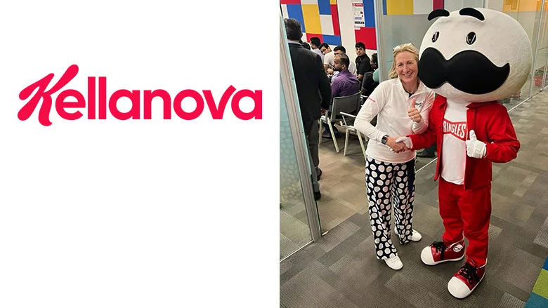 Leslie Salmon of Kellanova with Pringles mascot