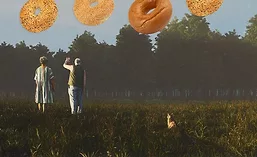 Illustration of bagels floating above two people and a dog in a grassy field, symbolizing changing consumer food trends and bakery product demand.