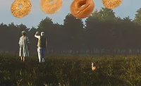 Illustration of bagels floating above two people and a dog in a grassy field, symbolizing changing consumer food trends and bakery product demand.