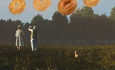 Illustration of bagels floating above two people and a dog in a grassy field, symbolizing changing consumer food trends and bakery product demand.
