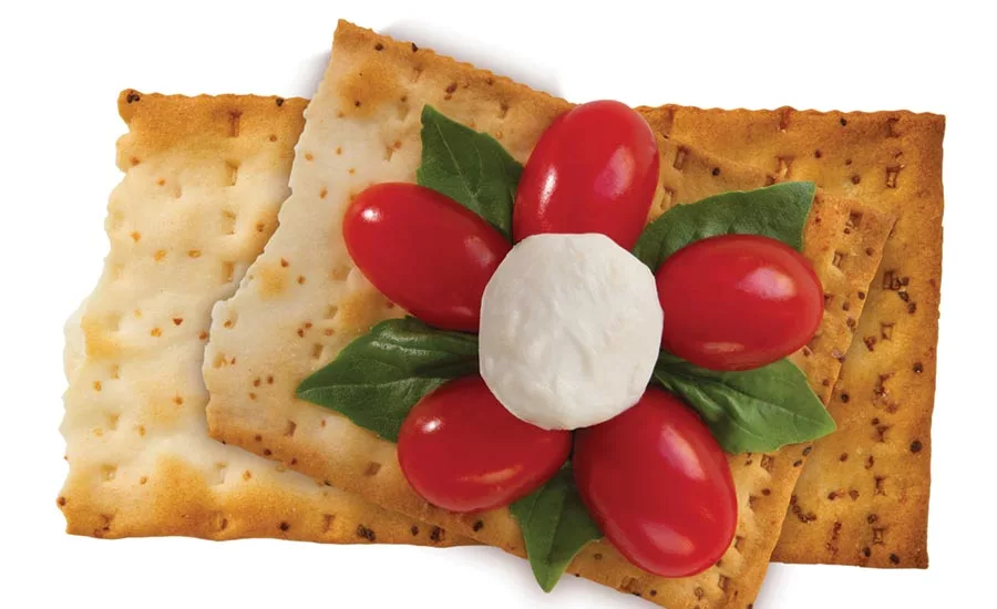 Crackers With Seeds Topped with Cherry Tomatoes and Mozzarella Cheese