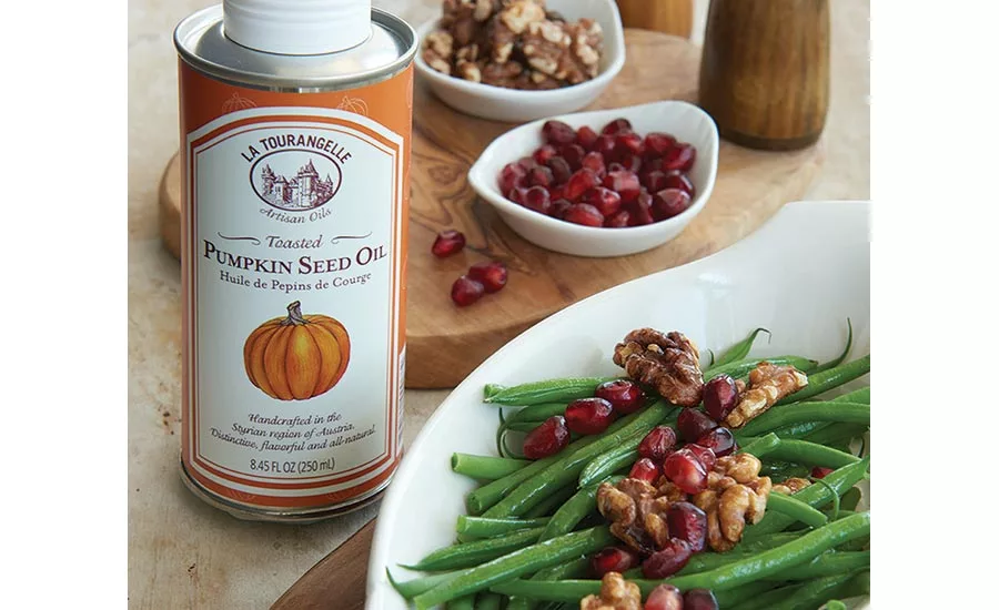Expeller-pressed pumpkin seed oil is favored for bringing flavor and aroma to uncooked formulations