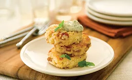 Prosciutto and Asiago Rice Cakes with Pesto Aioli