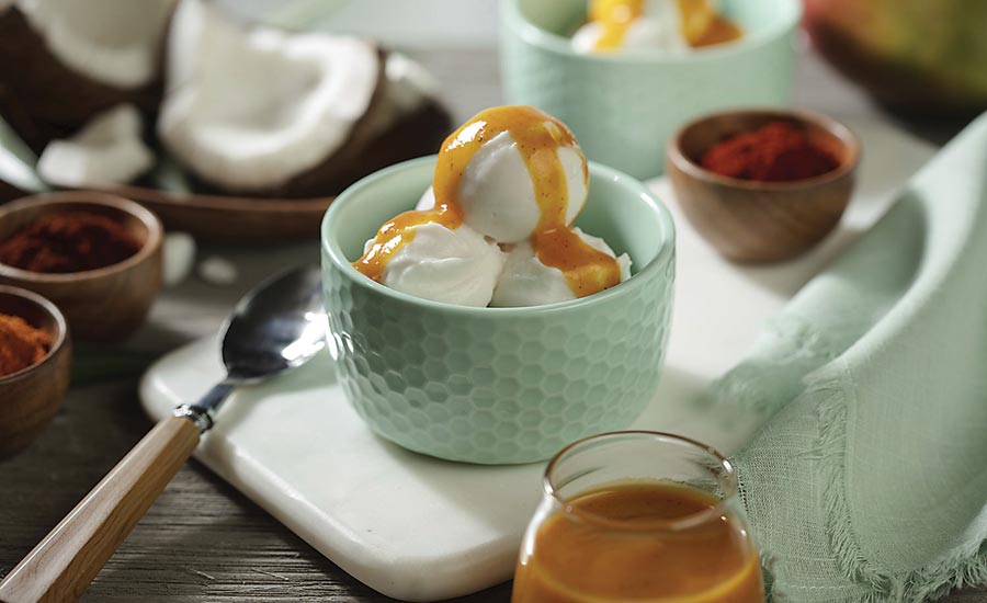 Bowl of Vanilla Ice Cream Topped with Caramel