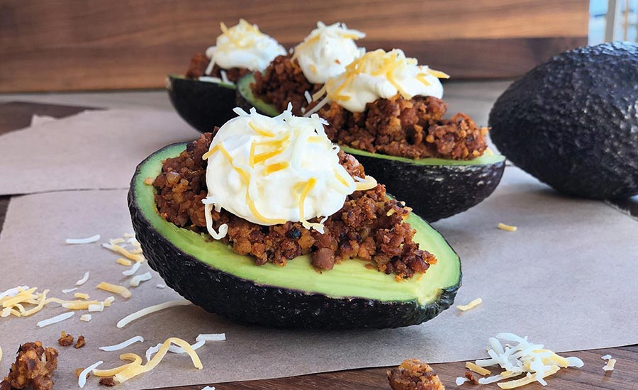 Beyond the Butcher UNCUT Plant-Based Taco Grounds on Avocado Halves