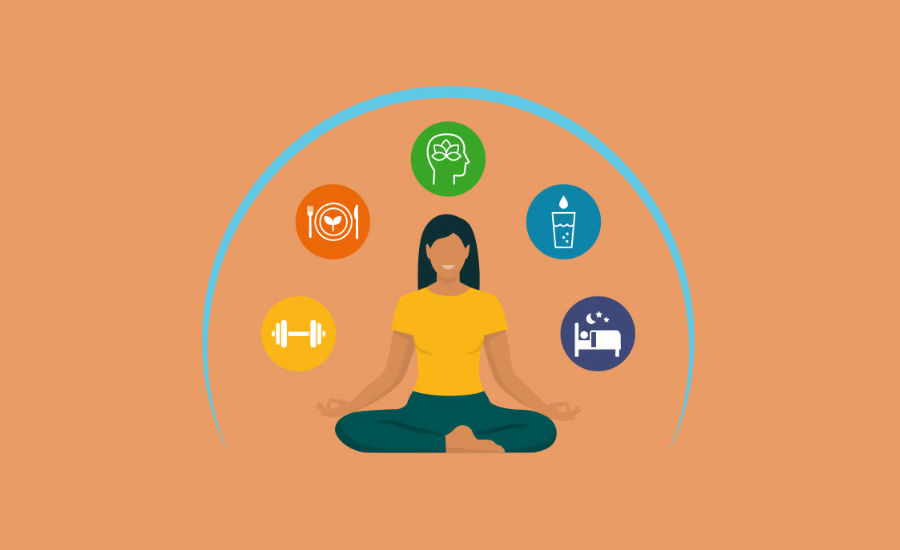 Woman Meditating Surrounded by Immunity Icons