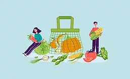 Illustration of Two Individuals and Natural/Organic Foods