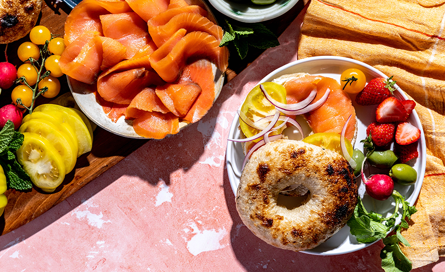 Salmon, fruit, vegetables
