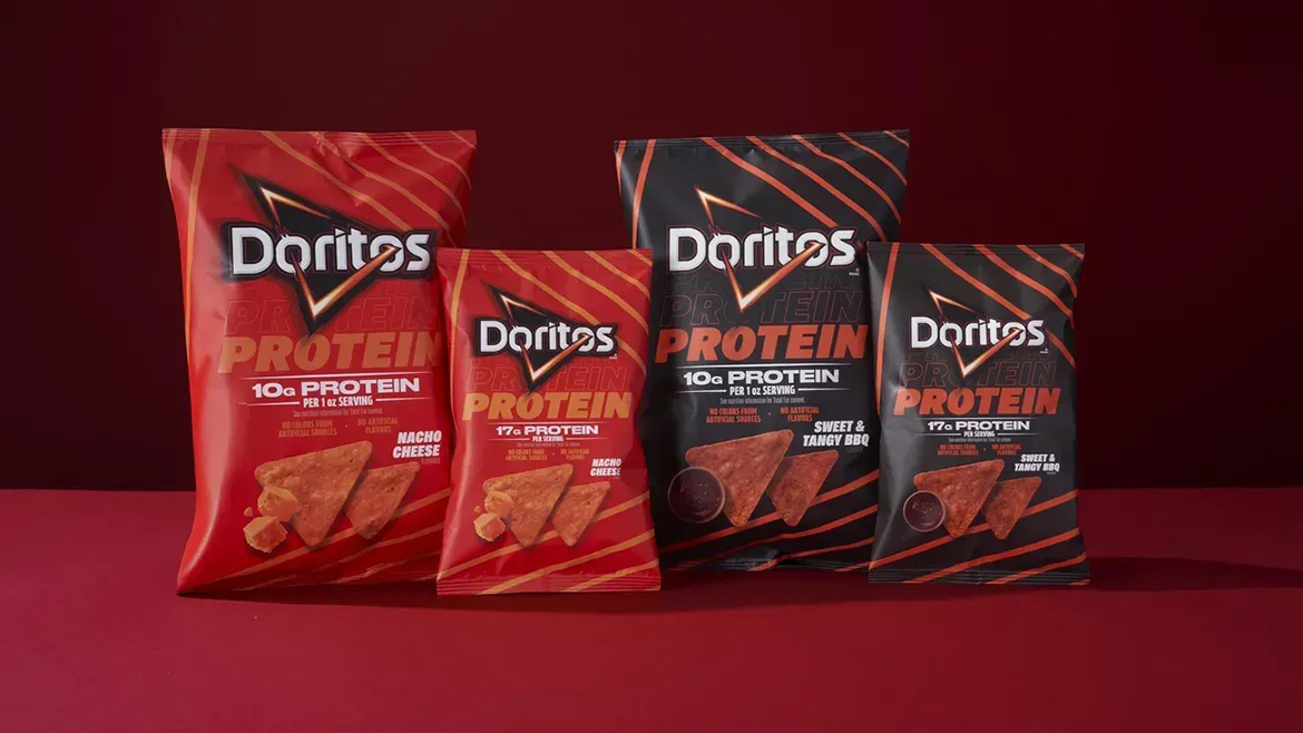 One large and one snack size each of Doritos Protein Nacho Cheese and Sweet & Tangy BBQ.
