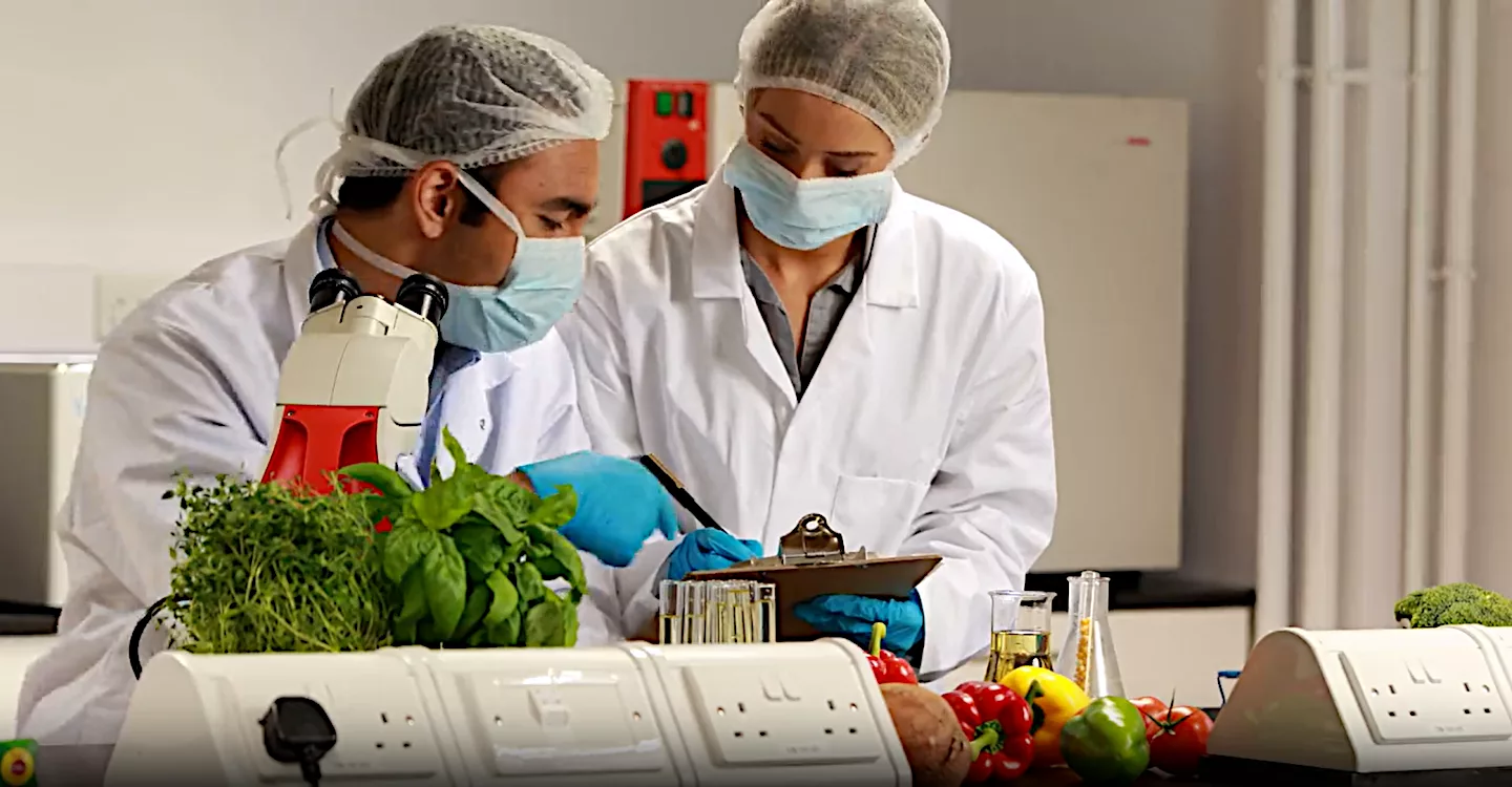 Screenshot of two laboratory employees in masks, hair netting and labcoats using a microscope and taking notes on a clipboard.