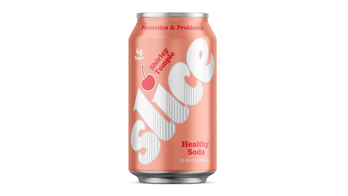 Pink Shirley Temple Slice soda can with 'Prebiotics & Probiotics', '4g Sugar', and 'Healthy Soda' text.