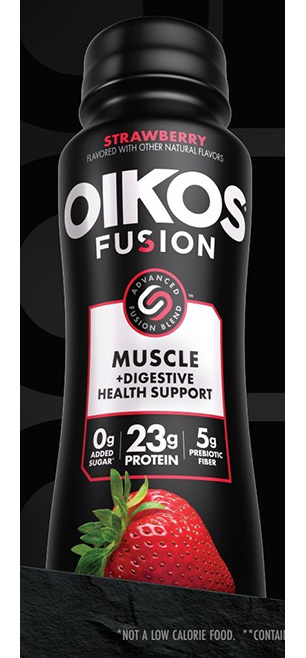 Black Oikos Fusion Strawberry drink bottle with muscle and digestive health support and a prominent strawberry.