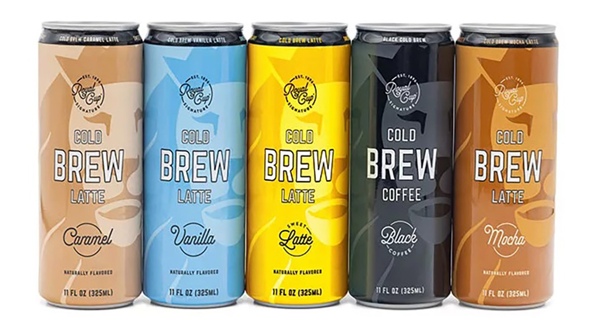 Five Royal Cup Cold Brew cans in caramel, vanilla, sweet latte, black coffee, and mocha flavors.