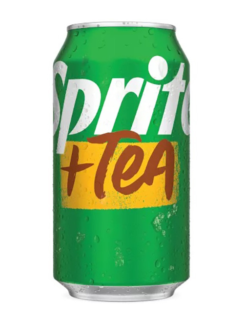 A cold, green Sprite + Tea soda can with condensation on a white background.