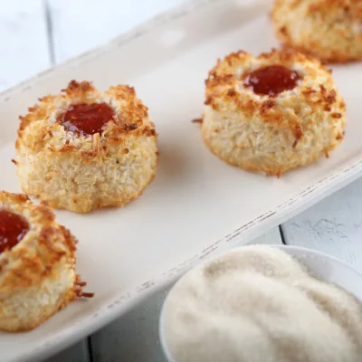 Coconut Macaroons on a long white plate.