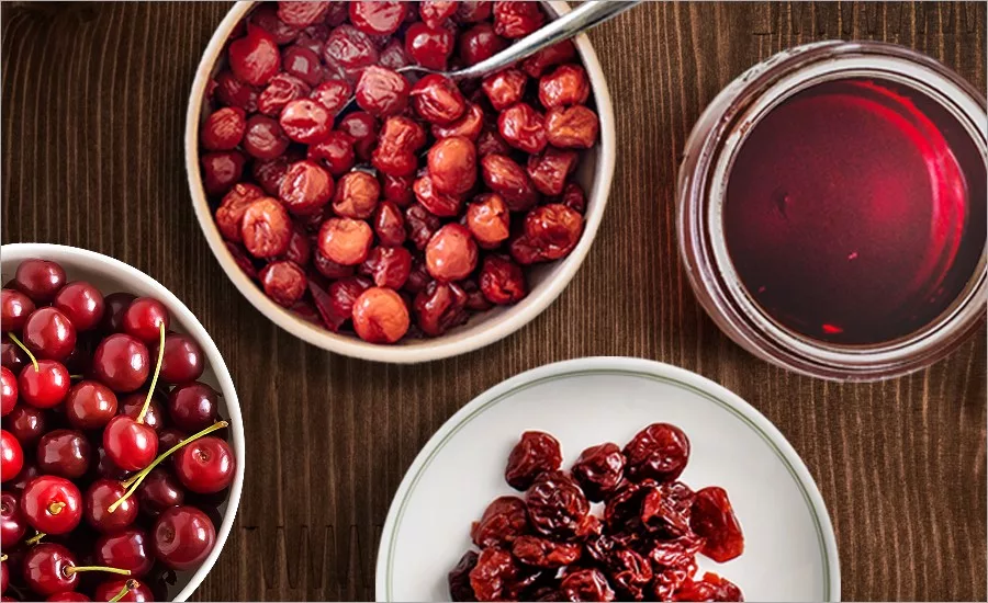 Bowls of Cherries and Glass of Cherry Juice