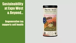 Video screenshot of The Republic of Tea Organic Assam Regenerative Tea on a gray background, white text on a green background.