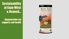 Video screenshot of The Republic of Tea Organic Assam Regenerative Tea on a gray background, white text on a green background.